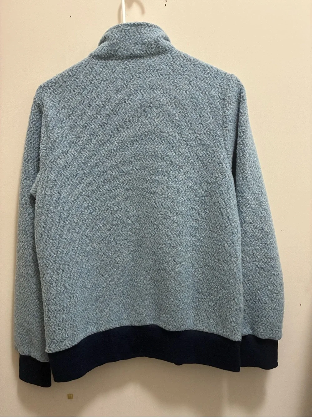 Patagonia Heather Light Blue Wool blend Fleece full zip with Navy Trim
